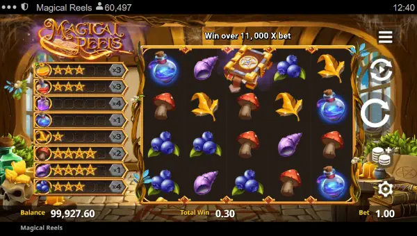 Magical Reels base game screenshot showing reels and features