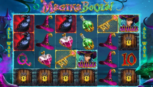 Magika Boola base game screenshot showing reels and features