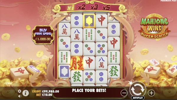 Mahjong Wins Super Scatter base game screenshot showing reels and features