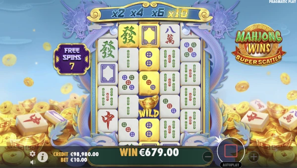 Screenshot of Mahjong Wins Super Scatter slot demo showing reels and bonus game features