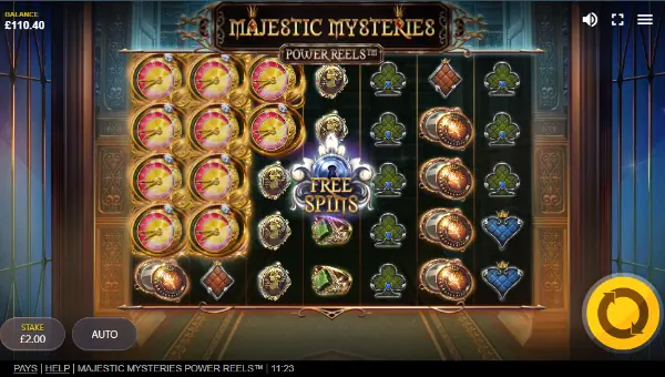Majestic Mysteries Power Reels base game screenshot showing reels and features