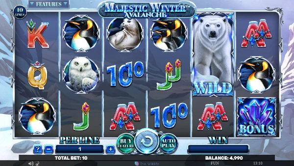 Majestic Winter Avalanche base game screenshot showing reels and features