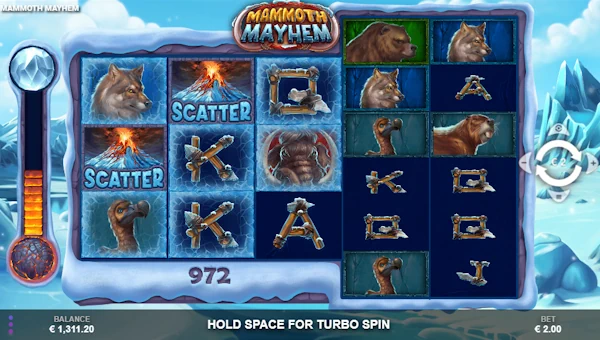 Mammoth Mayhem base game screenshot showing reels and features