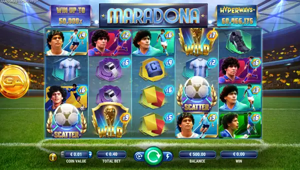 Maradona Hyperways base game screenshot showing reels and features