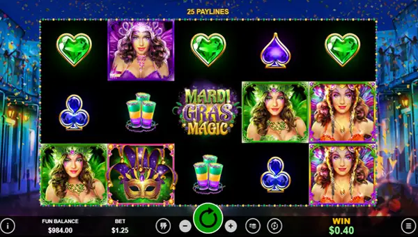 Mardi Gras Magic base game screenshot showing reels and features