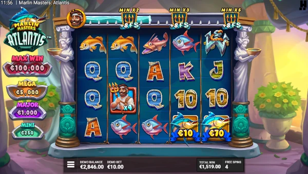 Screenshot of Marlin Masters Atlantis slot demo showing reels and bonus game features