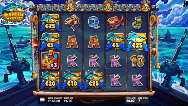 Screenshot of Marlin Masters slot demo showing reels and bonus game features