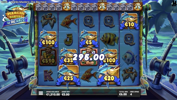 Screenshot of Marlin Masters The Big Haul slot demo showing reels and bonus game features