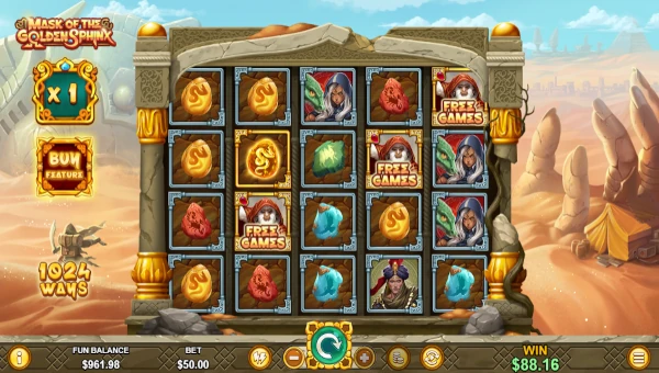 Mask of the Golden Sphinx base game screenshot showing reels and features