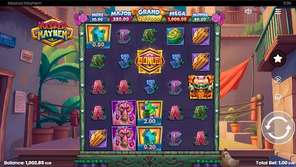 Masked Mayhem base game screenshot showing reels and features
