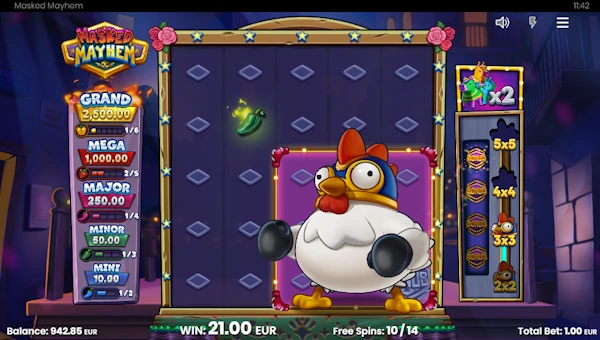 Screenshot of Masked Mayhem slot demo showing reels and bonus game features