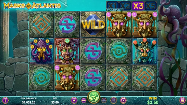 Masks of Atlantis base game screenshot showing reels and features