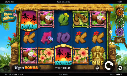 Maui Millions base game screenshot showing reels and features