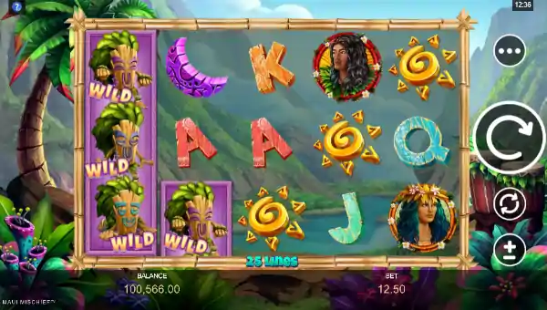 Maui Mischief base game screenshot showing reels and features