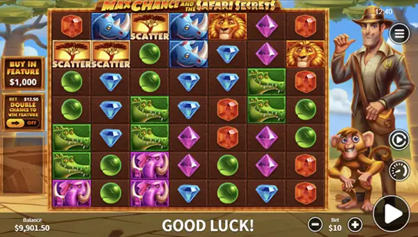 Max Chance and the Safari Secrets base game screenshot showing reels and features