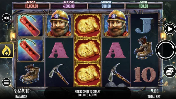 Max Miner base game screenshot showing reels and features