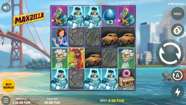 Maxzilla base game screenshot showing reels and features