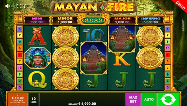 Mayan Fire base game screenshot showing reels and features