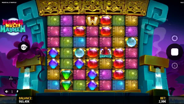Mayan Multi Mayhem base game screenshot showing reels and features