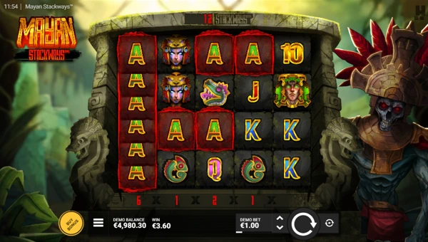 Mayan Stackways base game screenshot showing reels and features