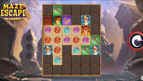 Maze Escape Megaways base game screenshot showing reels and features