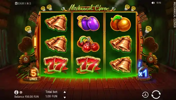 Mechanical Clover base game screenshot showing reels and features