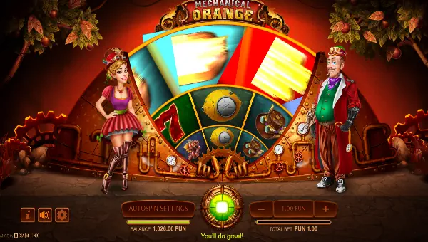Mechanical Orange base game screenshot showing reels and features