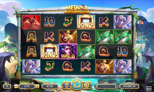 Medusa Fortune and Glory base game screenshot showing reels and features