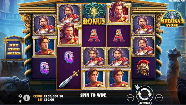 Medusas Stone base game screenshot showing reels and features