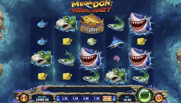 Mega Don Feeding Frenzy base game screenshot showing reels and features