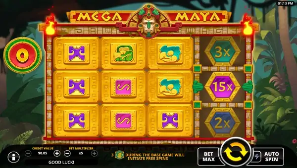 Mega Maya base game screenshot showing reels and features