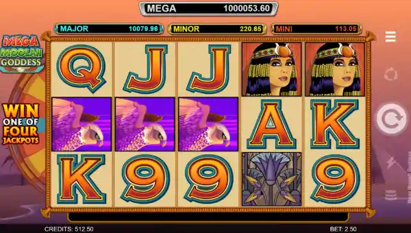 Mega Moolah Goddess base game screenshot showing reels and features