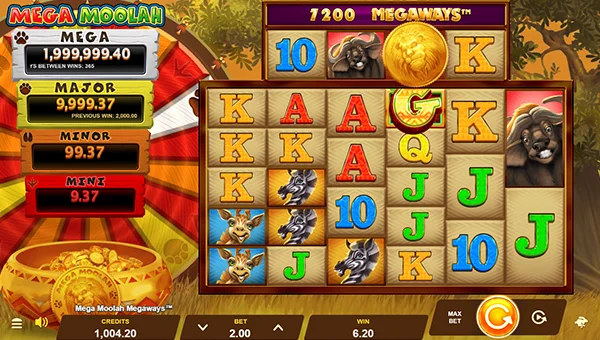 Mega Moolah Megaways base game screenshot showing reels and features