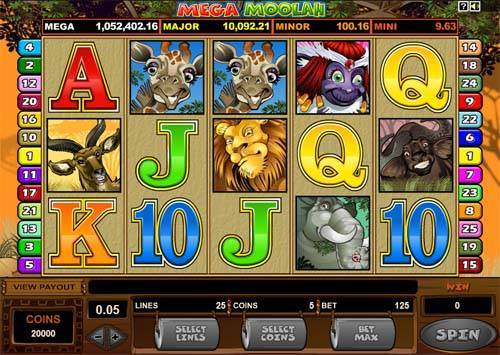 Mega Moolah base game screenshot showing reels and features