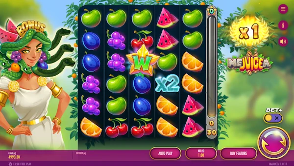 MeJUICEa base game screenshot showing reels and features