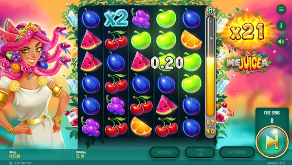 Screenshot of MeJUICEa slot demo showing reels and bonus game features