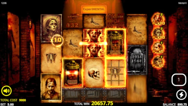 Screenshot of Mental 2 slot demo showing reels and bonus game features