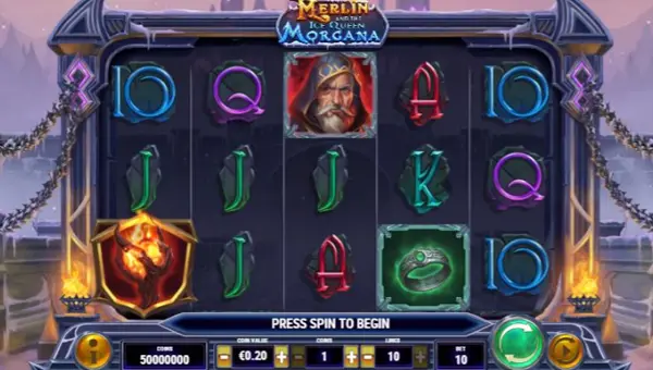 Merlin and the Ice Queen Morgana base game screenshot showing reels and features