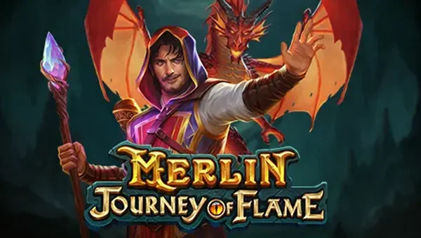 Merlin Journey of Flame base game screenshot showing reels and features