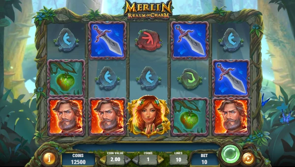 Merlin Realm of Charm base game screenshot showing reels and features