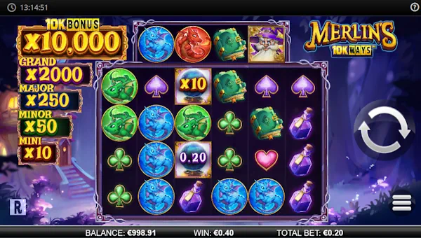 Merlins 10K Ways base game screenshot showing reels and features