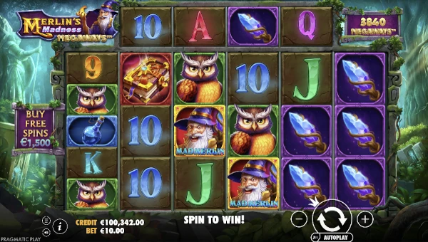 Merlins Madness Megaways base game screenshot showing reels and features