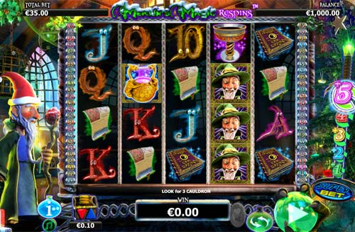 Merlins Magic Respins Christmas base game screenshot showing reels and features