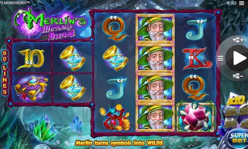 Merlins Moneyburst base game screenshot showing reels and features