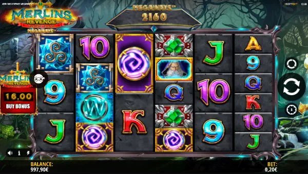 Merlins Revenge Megaways base game screenshot showing reels and features