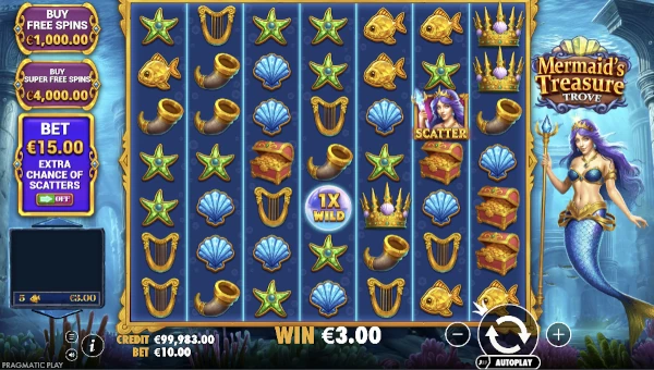 Base Game Screenshot of Mermaid’s Treasure Trove slot with 7x7 grid and underwater theme
