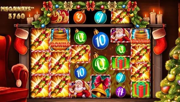 Merry Christmas Megaways base game screenshot showing reels and features