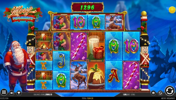 Merry Megaways base game screenshot showing reels and features