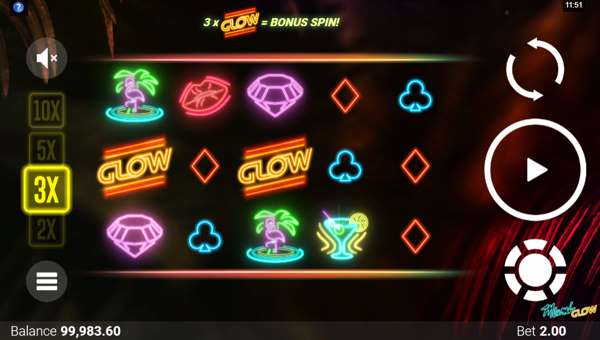 Miami Glow base game screenshot showing reels and features