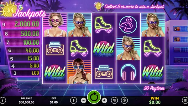 Miami Jackpots base game screenshot showing reels and features